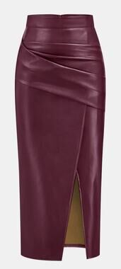 NWT Commense Ruched Slit PU Leather Midi Skirt | Burgundy | Small